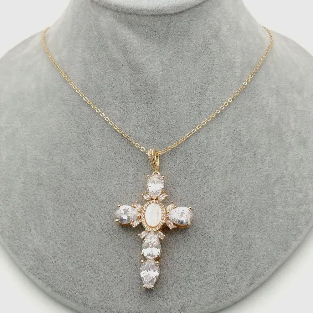 17.5" Shell pearl Cubic Zirconia micro pave Necklace Virgin Mary Cross Pendant
