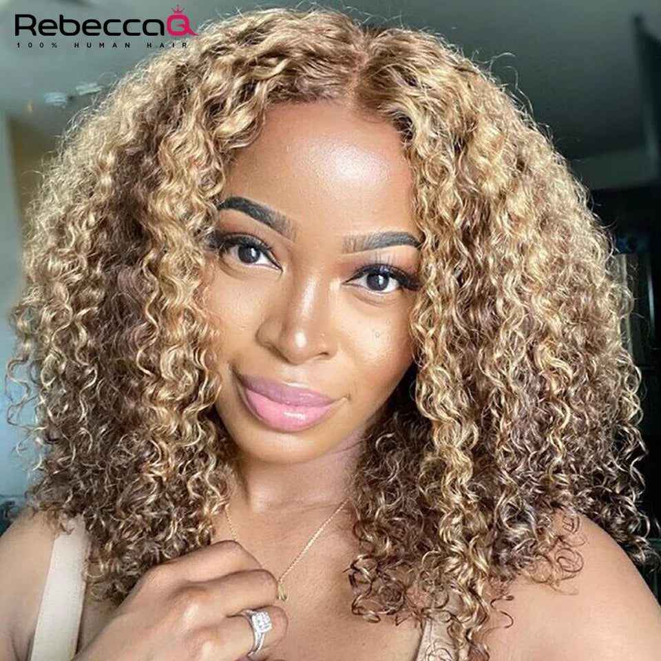 Highlight Short Curly Bob Wig 13x4x1 Lace Front Human Hair Wigs Pre Plucked P4/27 Colored