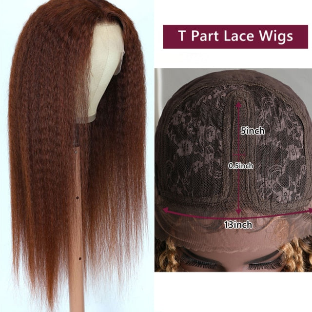 Auburn Brown Kinky Straight Lace Part Glue less Human Hair Wigs with Natural Hairline