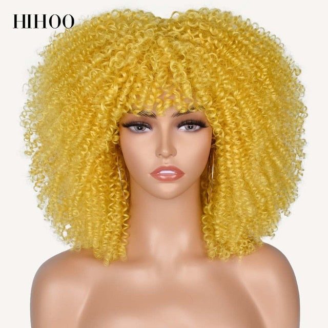 Short Hair Afro Kinky Curly Wigs With Bangs For Cosplay Lolita Synthetic Natural Blonde Wig White Red Pink Blue Wig - Synthetic Wigs - your-beauty-matters