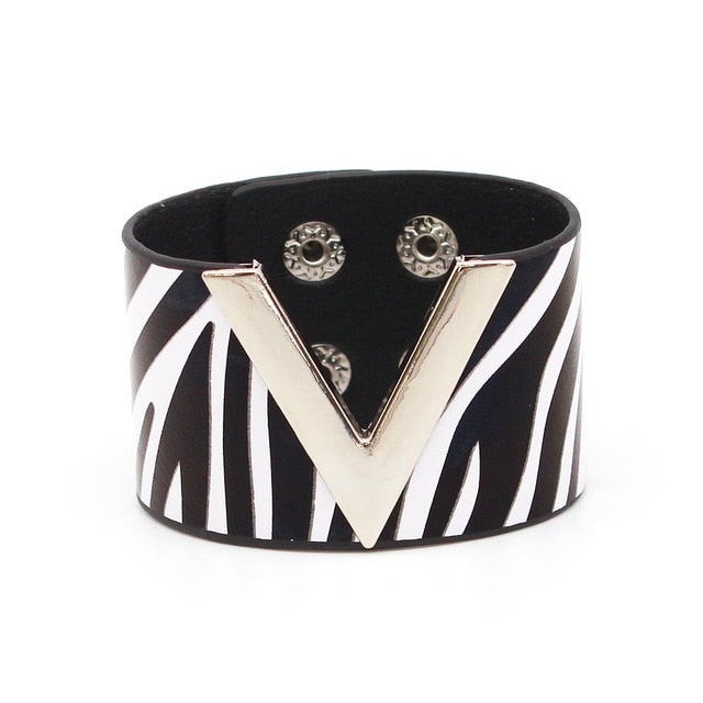 Women's Fashion Punk V Word Wide Leather Wristband Cuff Wrap Bracelets