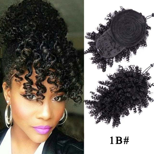 Synthetic Short Kinky Curly Chignon With Bangs - Clip In Afro Puff