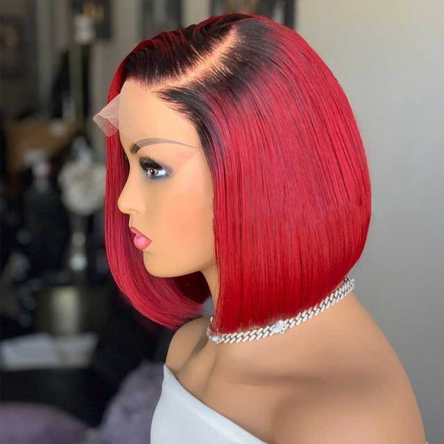 Straight Black Red Color Pixie Cut Wig Short Bob Wigs , Hair Color - 1b red color