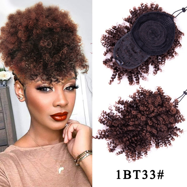 Synthetic Short Kinky Curly Chignon With Bangs - Clip In Afro Puff