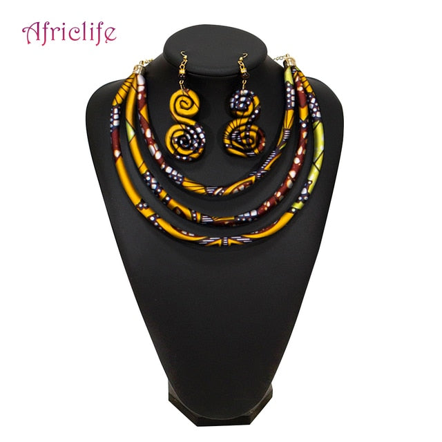 African Rope Necklace Print Wax Ankara Fabric  Necklace and Earrings 2 Pieces Set
