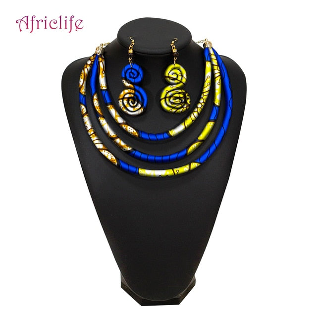 African Rope Necklace Print Wax Ankara Fabric  Necklace and Earrings 2 Pieces Set