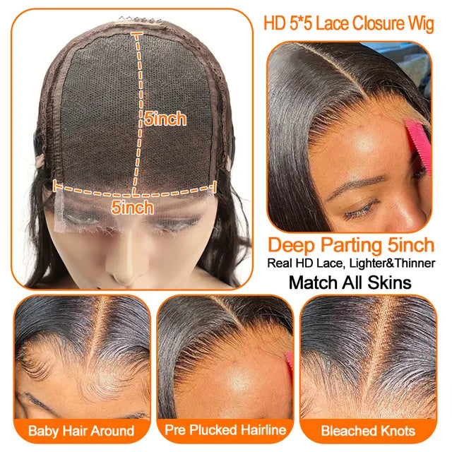 Wowangel Real HD Lace Front Human Hair Wave Closure Wig Pre Plucked