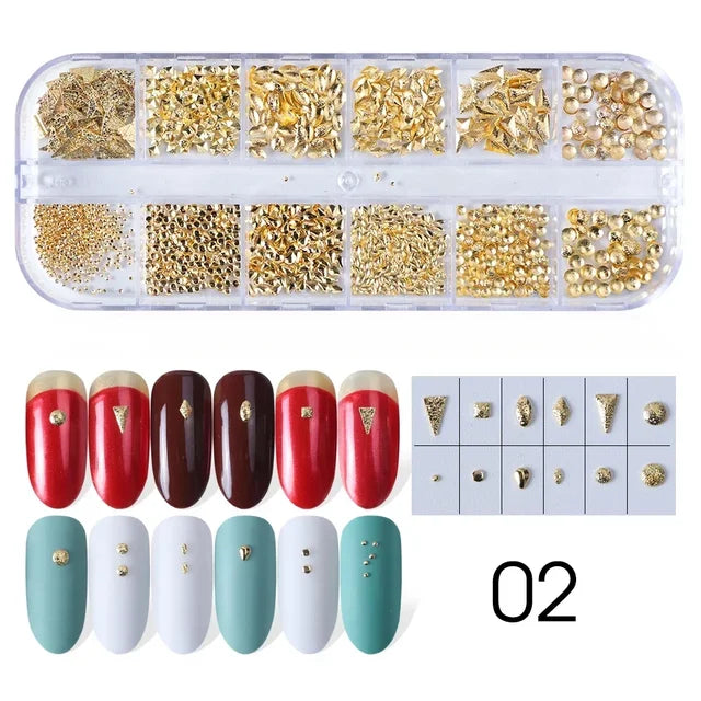 12 Grids Gold Silver Half Round Bead Nail Decoration Mixed Size