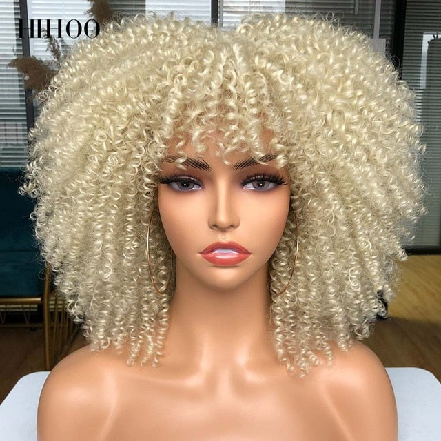 Short Hair Afro Kinky Curly Wigs With Bangs For Cosplay Lolita Synthetic Natural Blonde Wig White Red Pink Blue Wig - Synthetic Wigs - your-beauty-matters