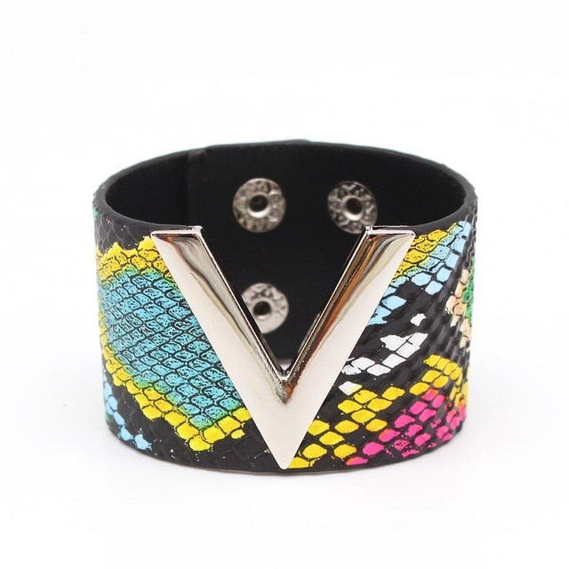 Women's Fashion Punk V Word Wide Leather Wristband Cuff Wrap Bracelets