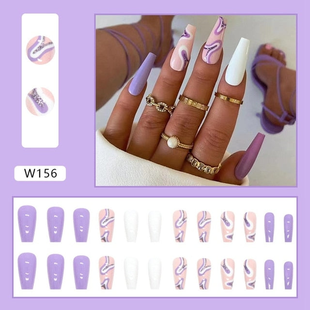 24pcs Long Coffin Designs Press On Full Cover Fake Nails Tips