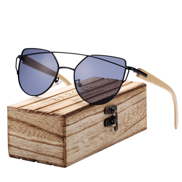 BARCUR Bamboo Cat Eye Sunglasses with Polarized Metal Frame