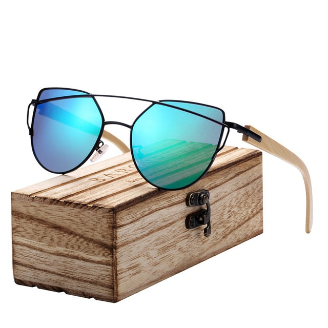 BARCUR Bamboo Cat Eye Sunglasses with Polarized Metal Frame