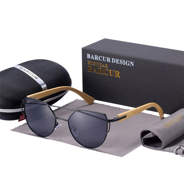 BARCUR Bamboo Cat Eye Sunglasses with Polarized Metal Frame