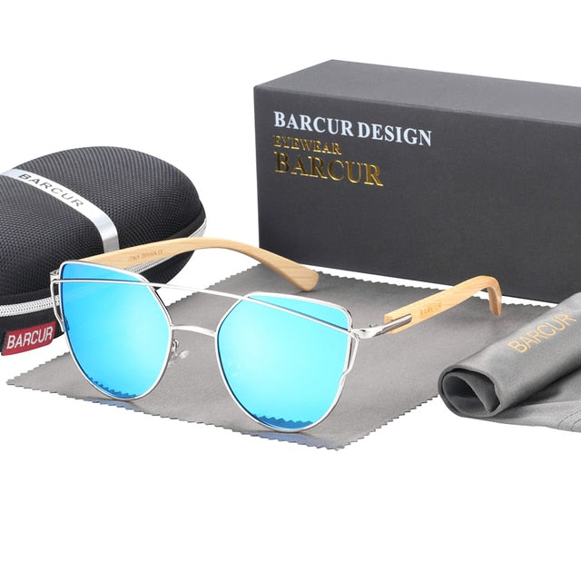 BARCUR Bamboo Cat Eye Sunglasses with Polarized Metal Frame