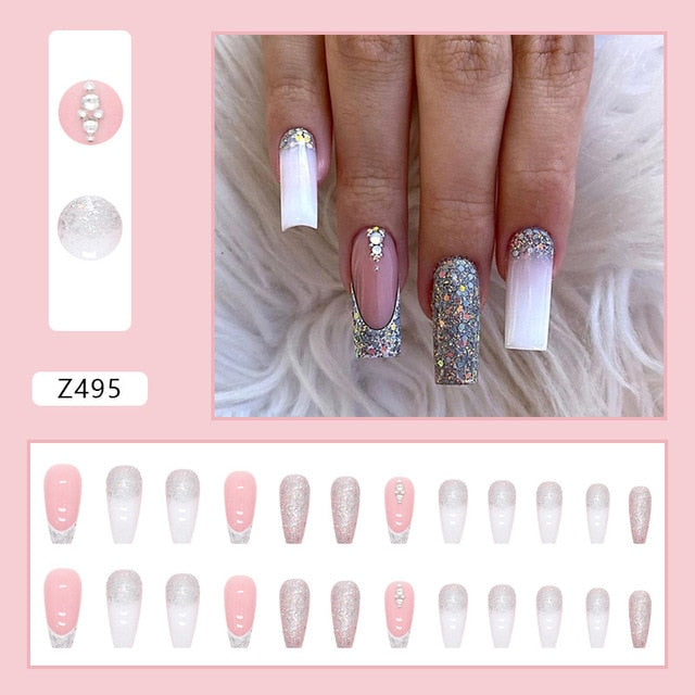 24pcs Long Coffin Designs Press On Full Cover Fake Nails Tips
