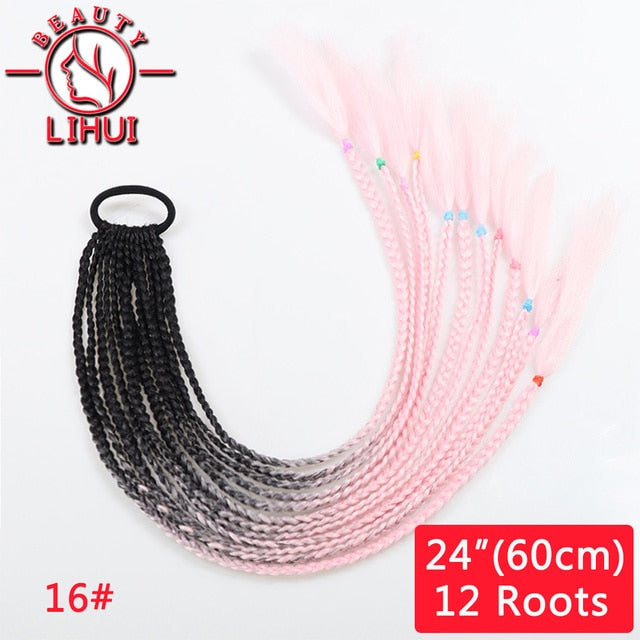 24inch Overhead Synthetic Colored Rainbow Ponytail with Elastic Band - False Hair Box Braids Pony Tail