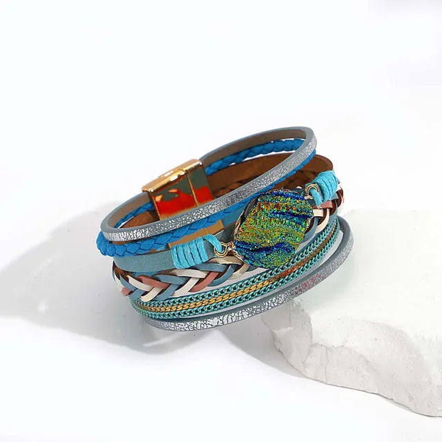 ALLYES Boho Blue Multilayer Braided Leather Bracelet