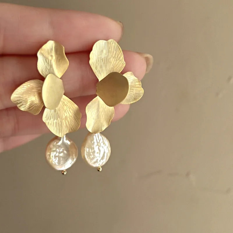 Minar Statement Fashion Gold Color Flower Petal Long Drop Earrings