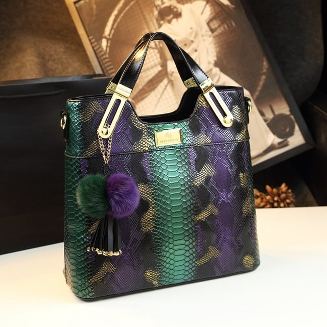 Luxury Cowhide Leather Chain Serpentine portable Tote Handbag