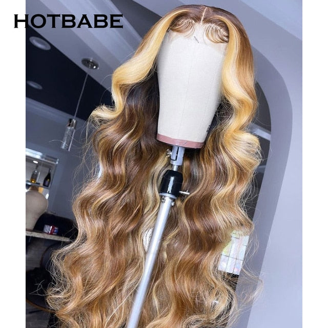Honey Blonde Highlight Transparent Lace Front Human Hair Wig - Ombre Body Wave Lace Frontal Wig