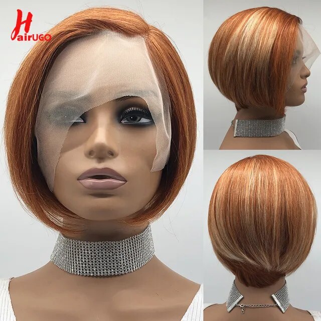 HairUGo Highlight Orange Short Pixie Cut Part Human Hair Lace Wigs