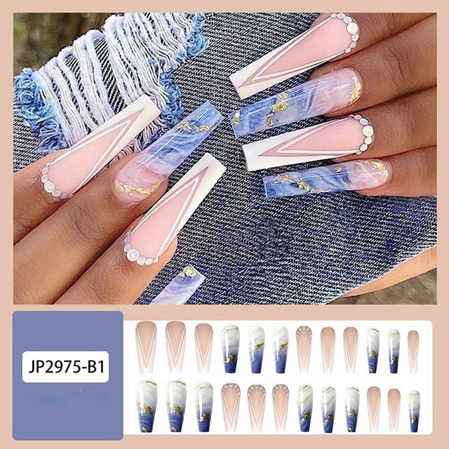 Wearable Nail Art Rainbow Color Wave Pattern French Detachable Coffin Fake Nails