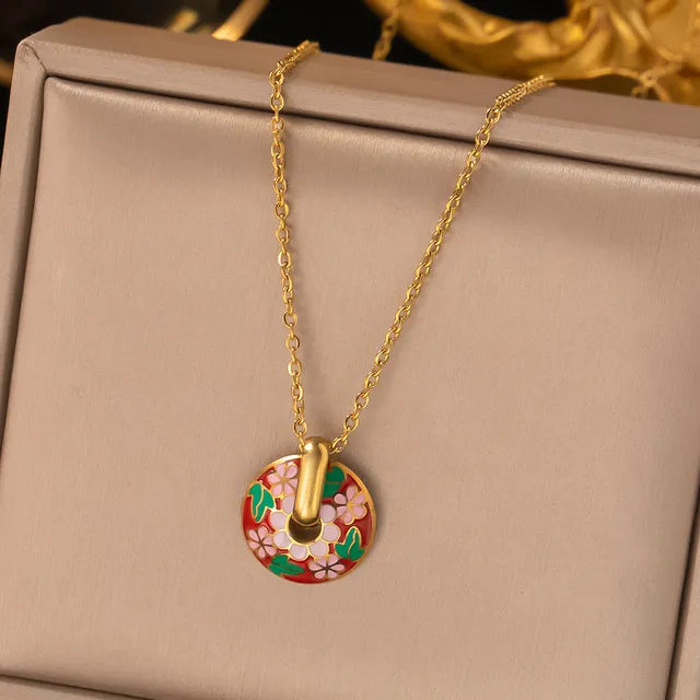 316l Stainless Steel Non-Fading Vintage Painted Flower Pattern Necklace Earrings Set