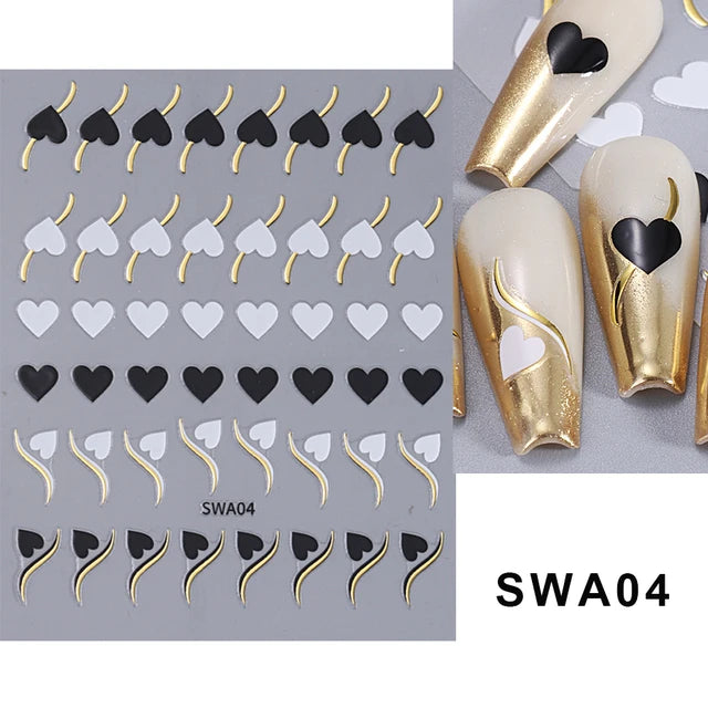 Gold Wave Line Heart Nail Art Stickers