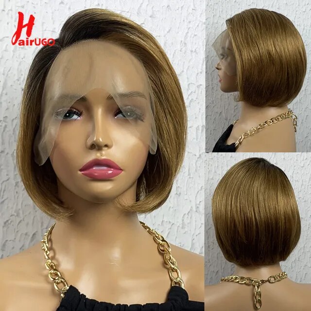 HairUGo Highlight Orange Short Pixie Cut Part Human Hair Lace Wigs