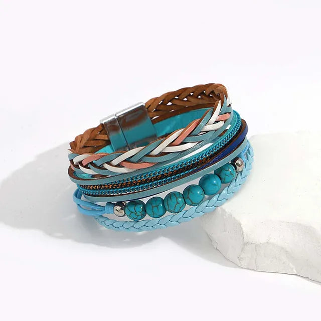 ALLYES Boho Blue Multilayer Braided Leather Bracelet