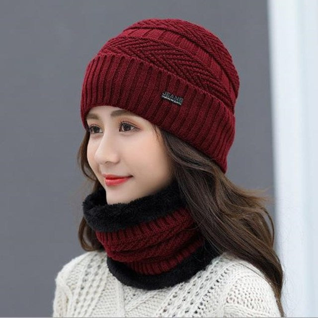 Winter Knitting Cap With Scarf - Skullies; Beanies