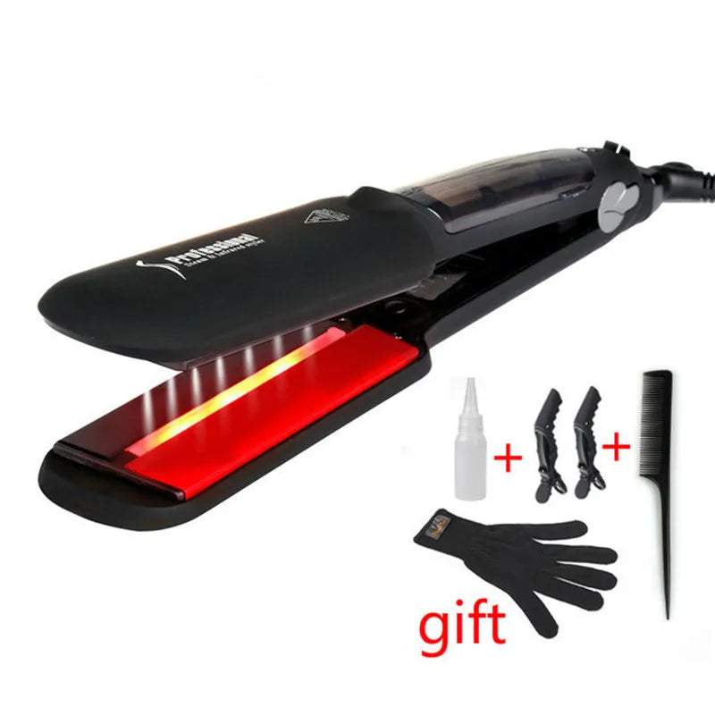 Professional Steam Hair Straightener Infrared Care Ceramic Coated 2 Inch Wide Plates