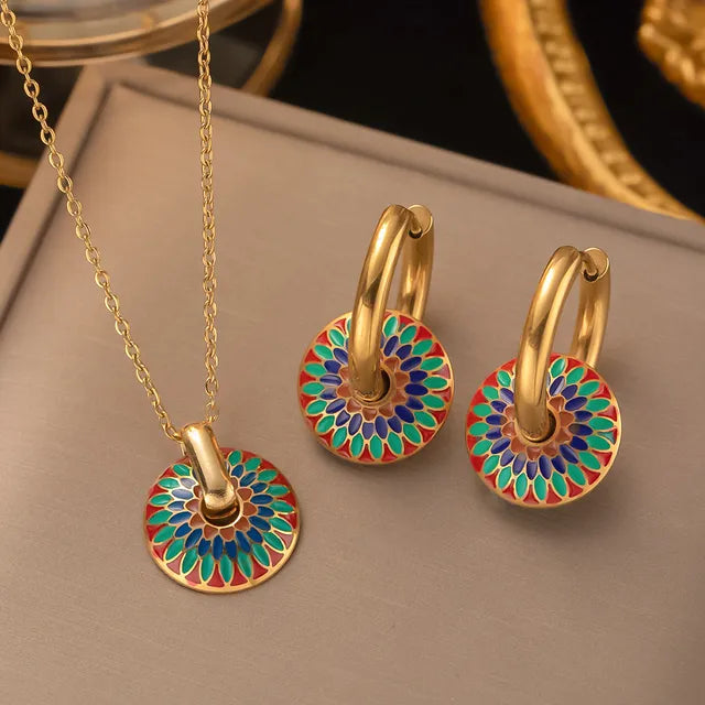 316l Stainless Steel Non-Fading Vintage Painted Flower Pattern Necklace Earrings Set